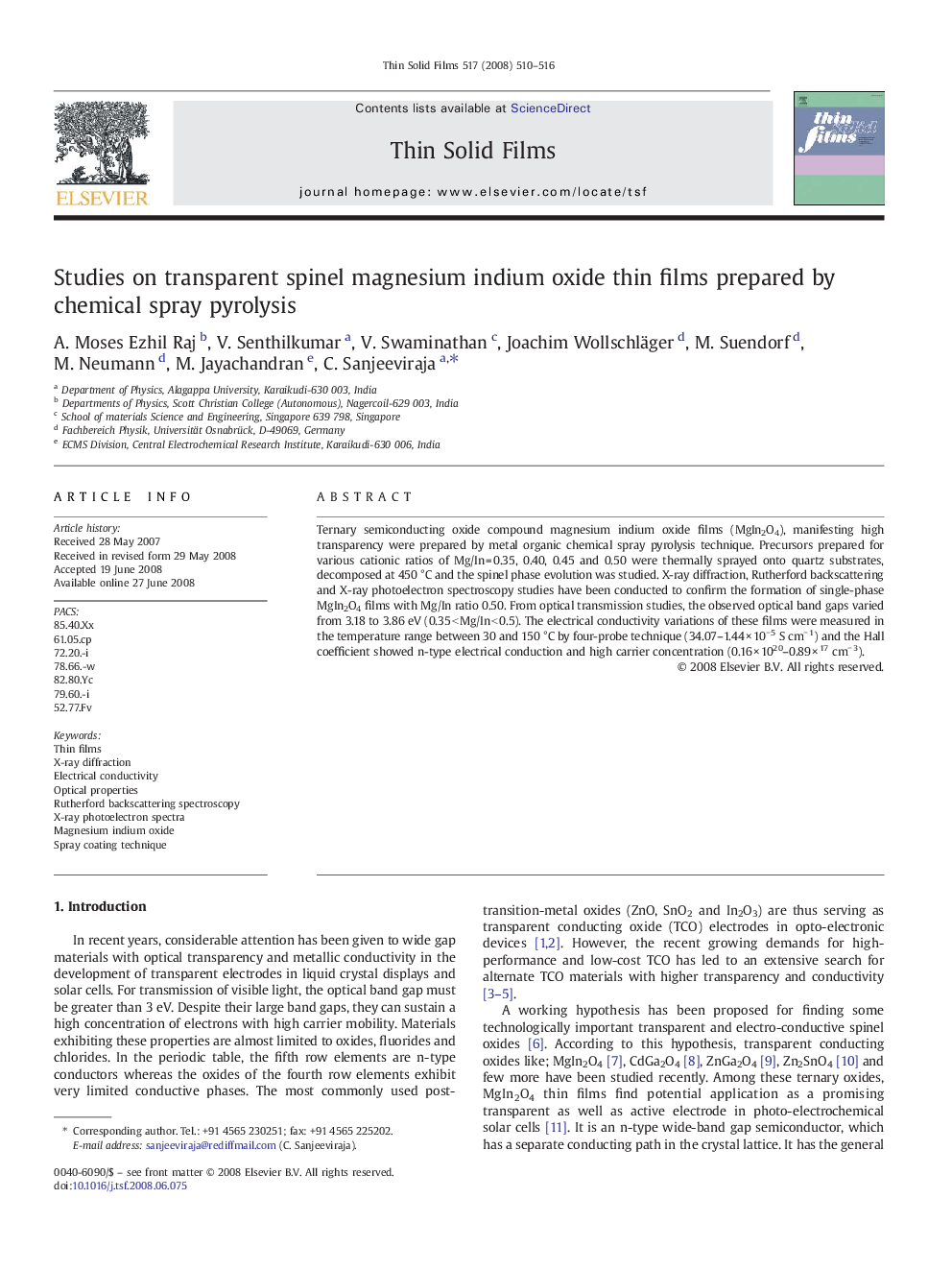 Studies on transparent spinel magnesium indium oxide thin films prepared by chemical spray pyrolysis