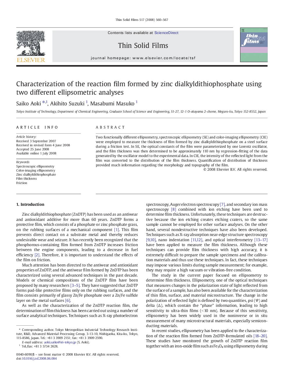 Characterization of the reaction film formed by zinc dialkyldithiophosphate using two different ellipsometric analyses