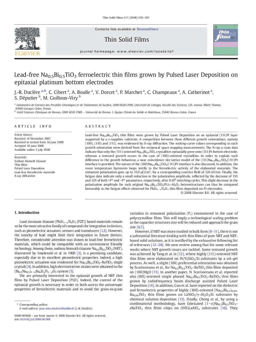 Lead-free Na0.5Bi0.5TiO3 ferroelectric thin films grown by Pulsed Laser Deposition on epitaxial platinum bottom electrodes