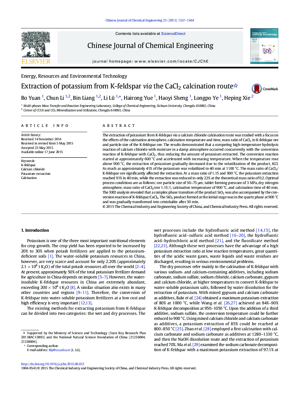 Extraction of potassium from K-feldspar via the CaCl2 calcination route 