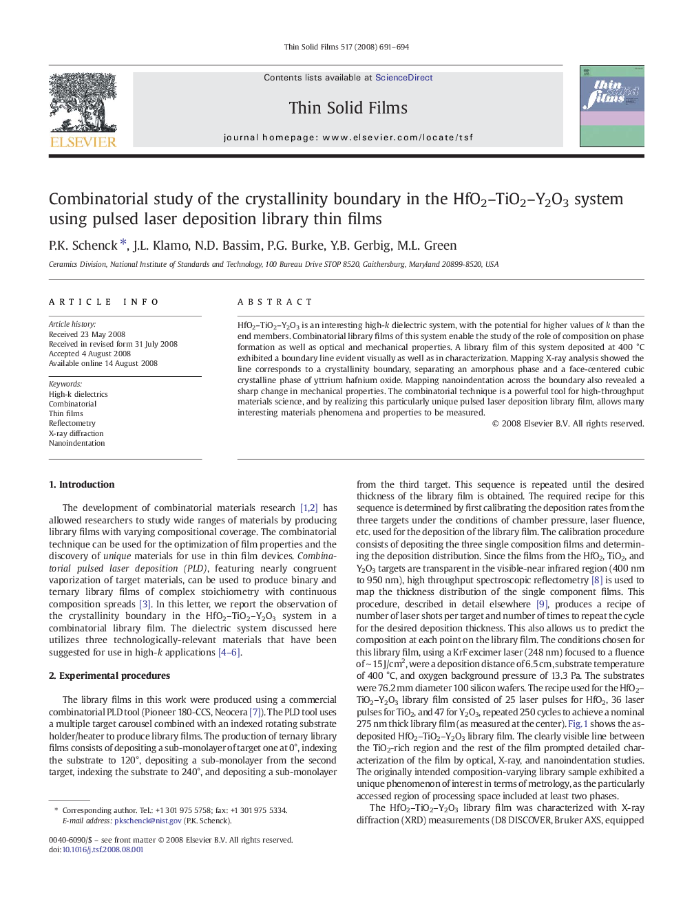 Combinatorial study of the crystallinity boundary in the HfO2–TiO2–Y2O3 system using pulsed laser deposition library thin films