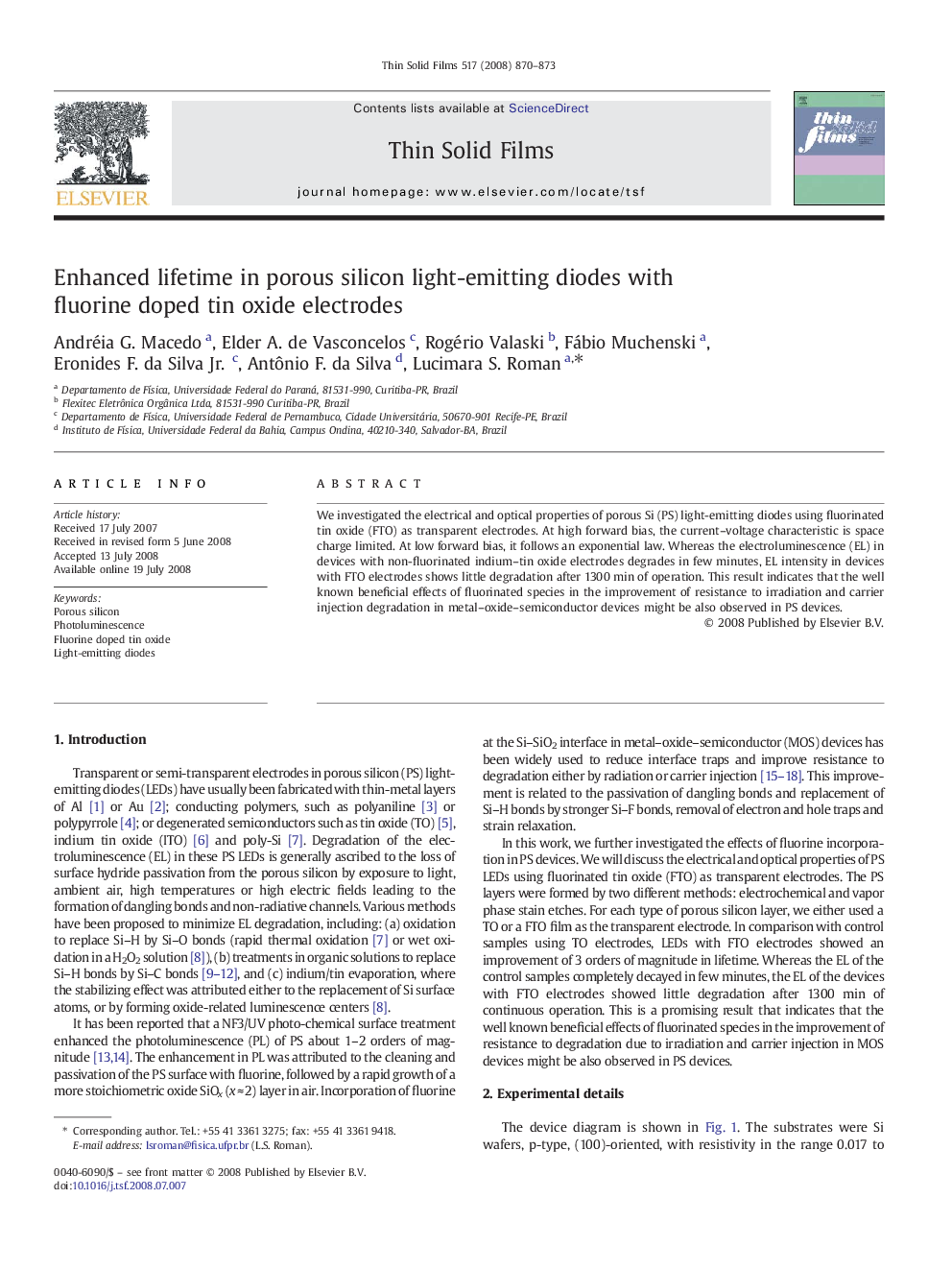 Enhanced lifetime in porous silicon light-emitting diodes with fluorine doped tin oxide electrodes