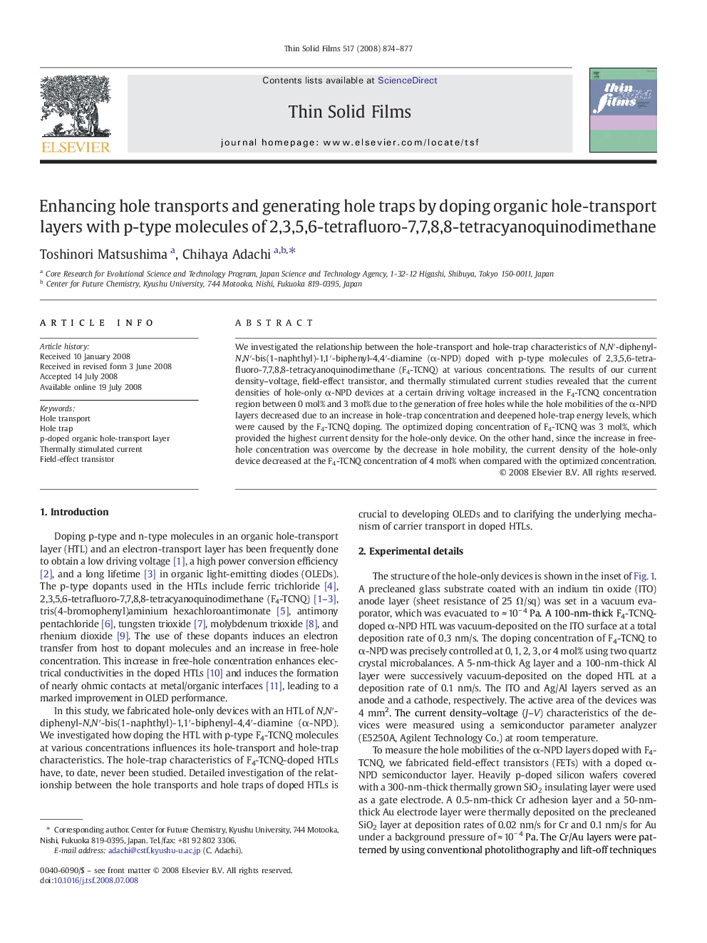 Enhancing hole transports and generating hole traps by doping organic hole-transport layers with p-type molecules of 2,3,5,6-tetrafluoro-7,7,8,8-tetracyanoquinodimethane