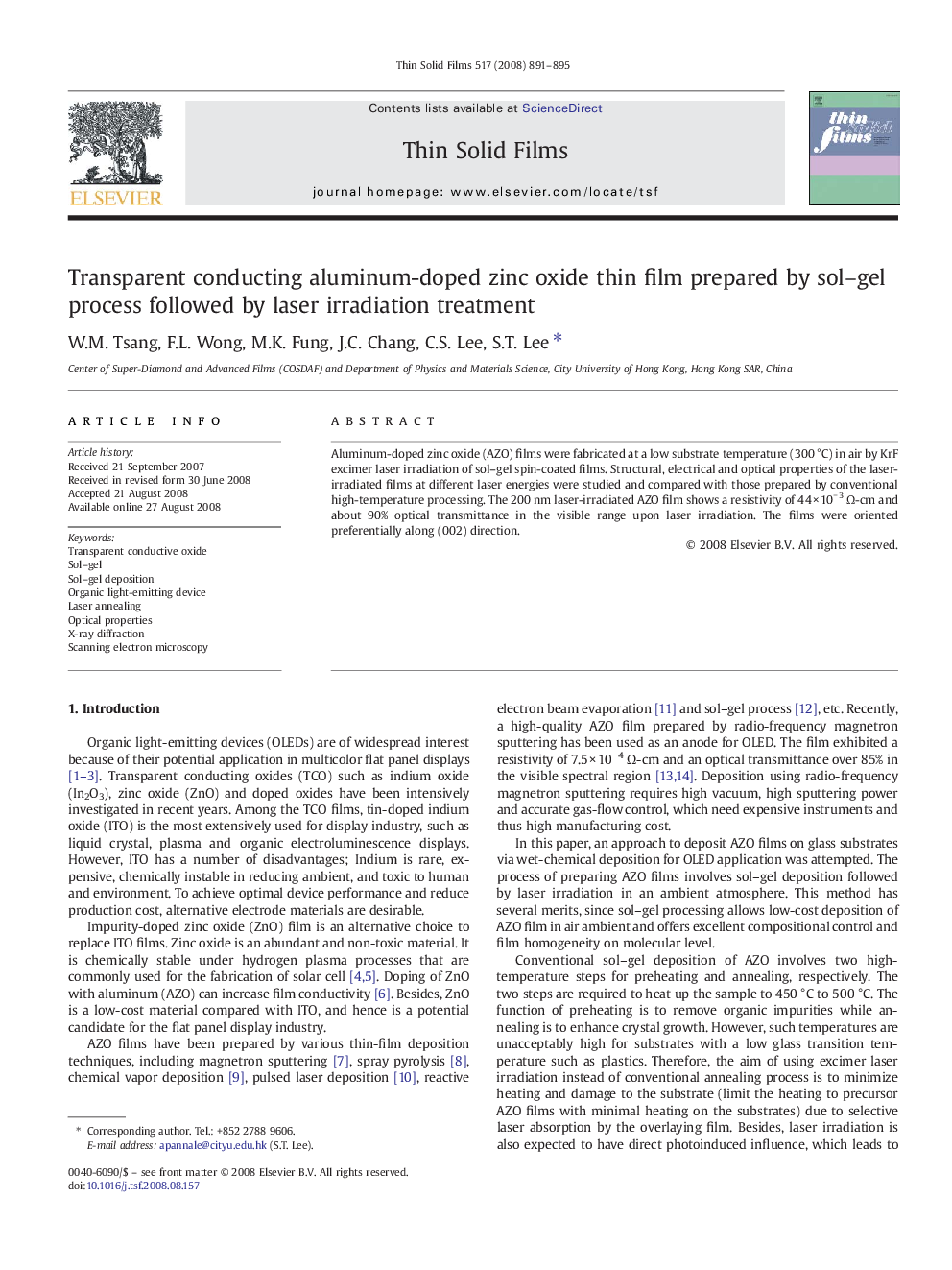 Transparent conducting aluminum-doped zinc oxide thin film prepared by sol–gel process followed by laser irradiation treatment