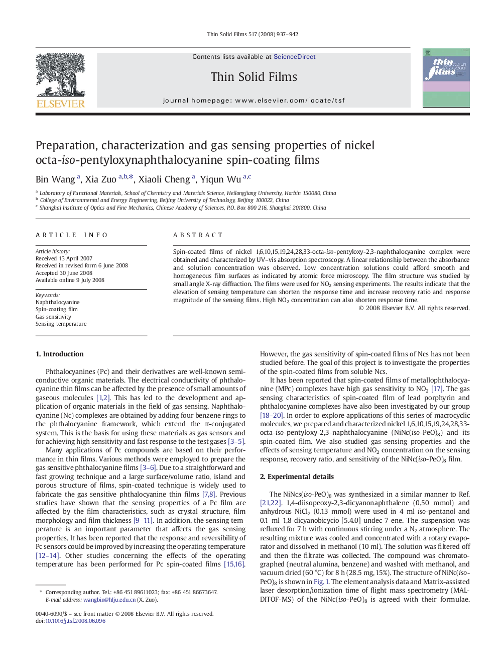 Preparation, characterization and gas sensing properties of nickel octa-iso-pentyloxynaphthalocyanine spin-coating films