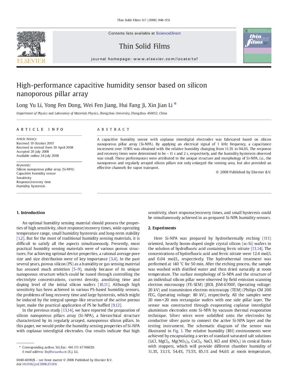 High-performance capacitive humidity sensor based on silicon nanoporous pillar array