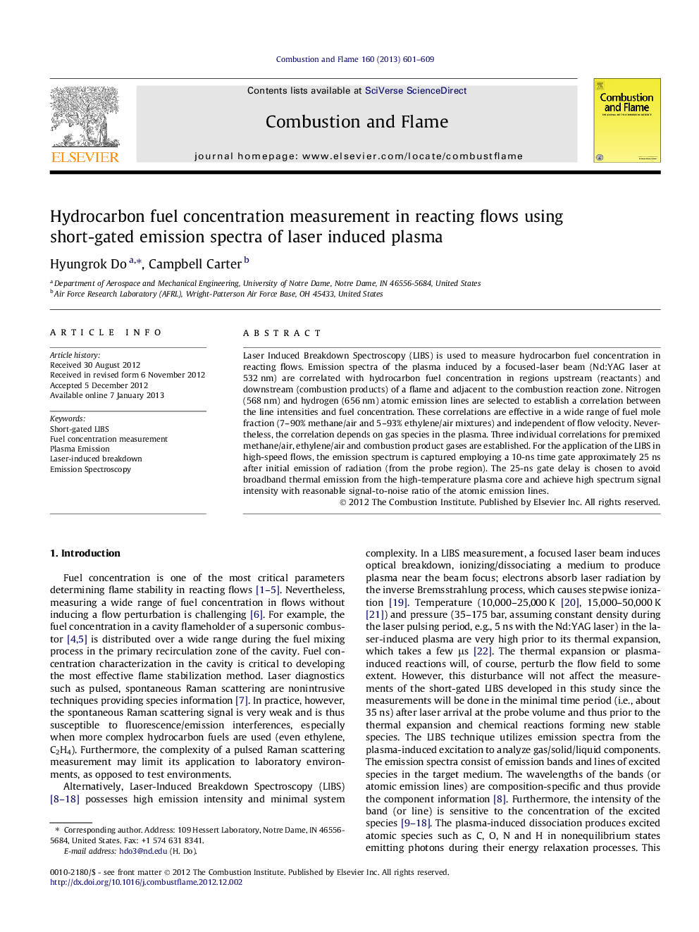 Hydrocarbon fuel concentration measurement in reacting flows using short-gated emission spectra of laser induced plasma