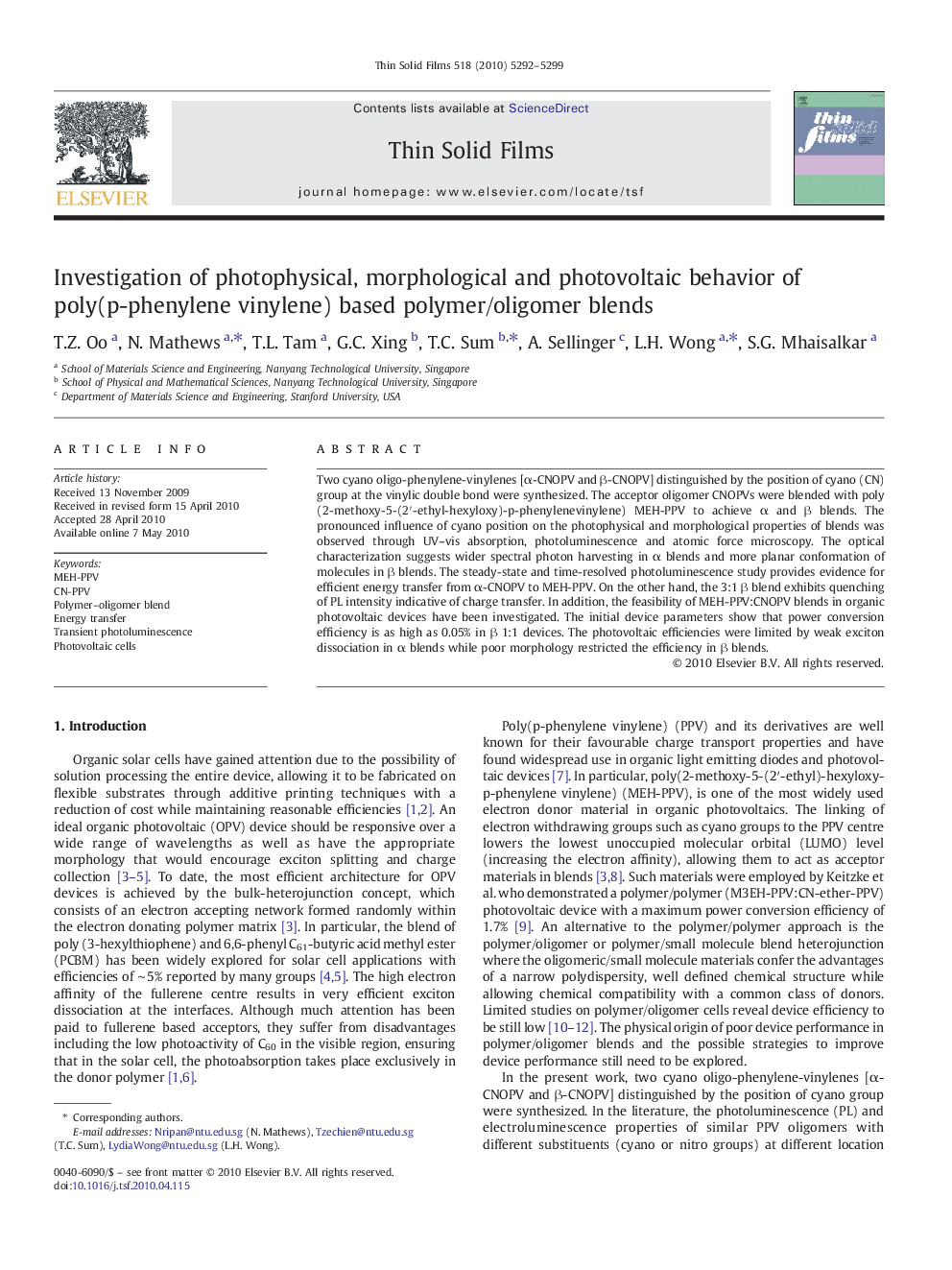 Investigation of photophysical, morphological and photovoltaic behavior of poly(p-phenylene vinylene) based polymer/oligomer blends