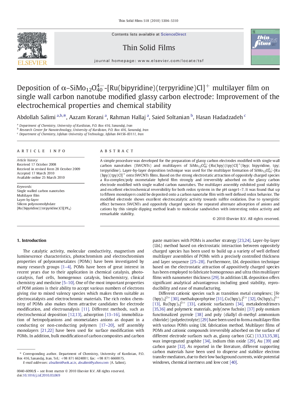 Deposition of Î±-SiÎÎ¿12Î404â-[Ru(bipyridine)(terpyridine)Cl]+ multilayer film on single wall carbon nanotube modified glassy carbon electrode: Improvement of the electrochemical properties and chemical stability