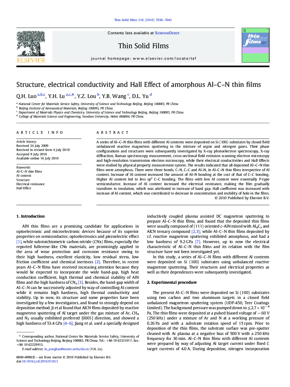 Structure, electrical conductivity and Hall Effect of amorphous Al–C–N thin films