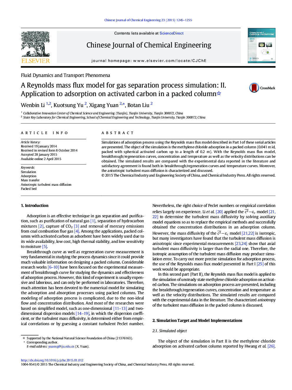 A Reynolds mass flux model for gas separation process simulation: II. Application to adsorption on activated carbon in a packed column 