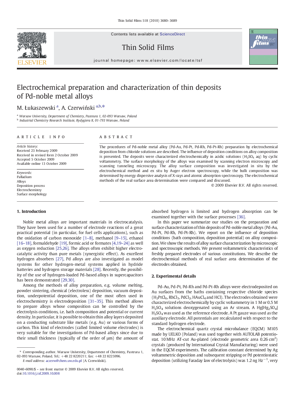 Electrochemical preparation and characterization of thin deposits of Pd-noble metal alloys