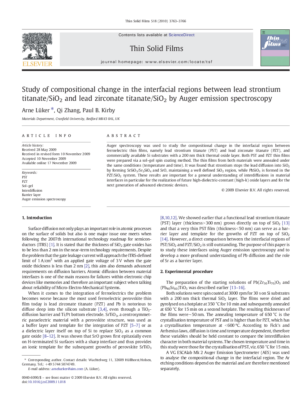 Study of compositional change in the interfacial regions between lead strontium titanate/SiO2 and lead zirconate titanate/SiO2 by Auger emission spectroscopy