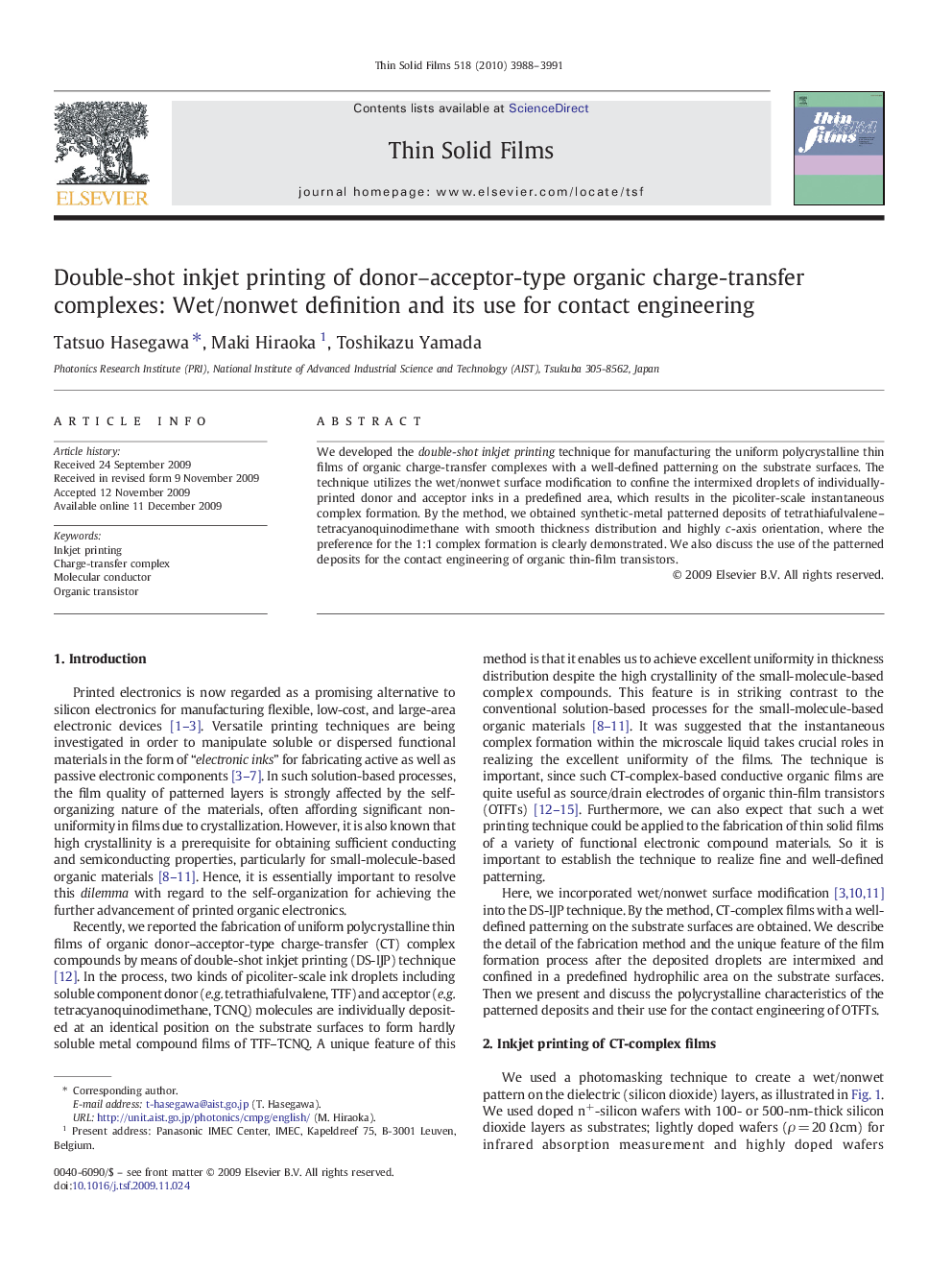 Double-shot inkjet printing of donor–acceptor-type organic charge-transfer complexes: Wet/nonwet definition and its use for contact engineering