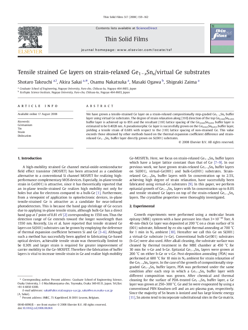 Tensile strained Ge layers on strain-relaxed Ge1 − xSnx/virtual Ge substrates