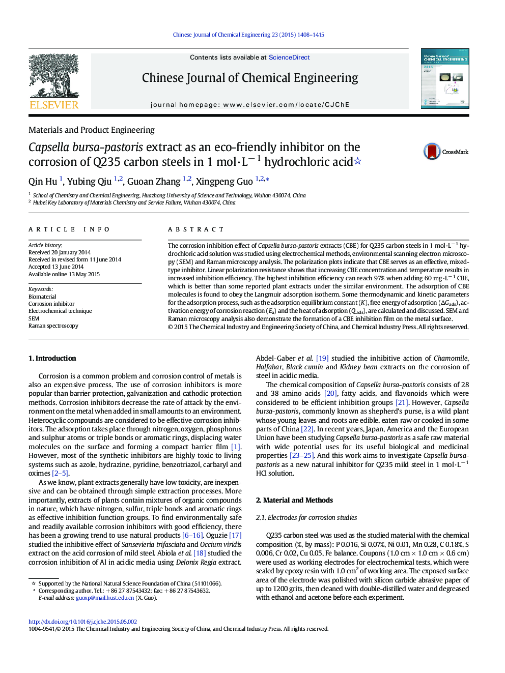 Capsella bursa-pastoris extract as an eco-friendly inhibitor on the corrosion of Q235 carbon steels in 1 mol·L− 1 hydrochloric acid 