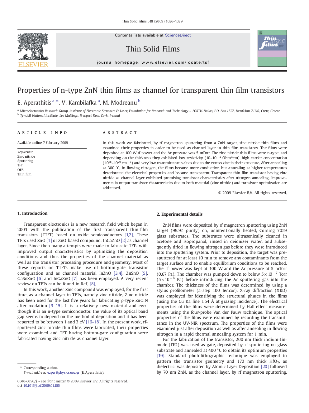 Properties of n-type ZnN thin films as channel for transparent thin film transistors