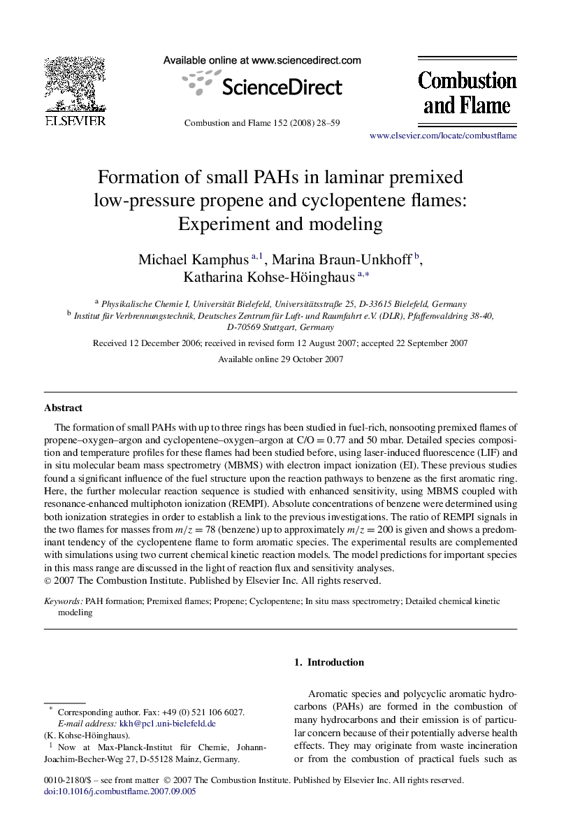 Formation of small PAHs in laminar premixed low-pressure propene and cyclopentene flames: Experiment and modeling