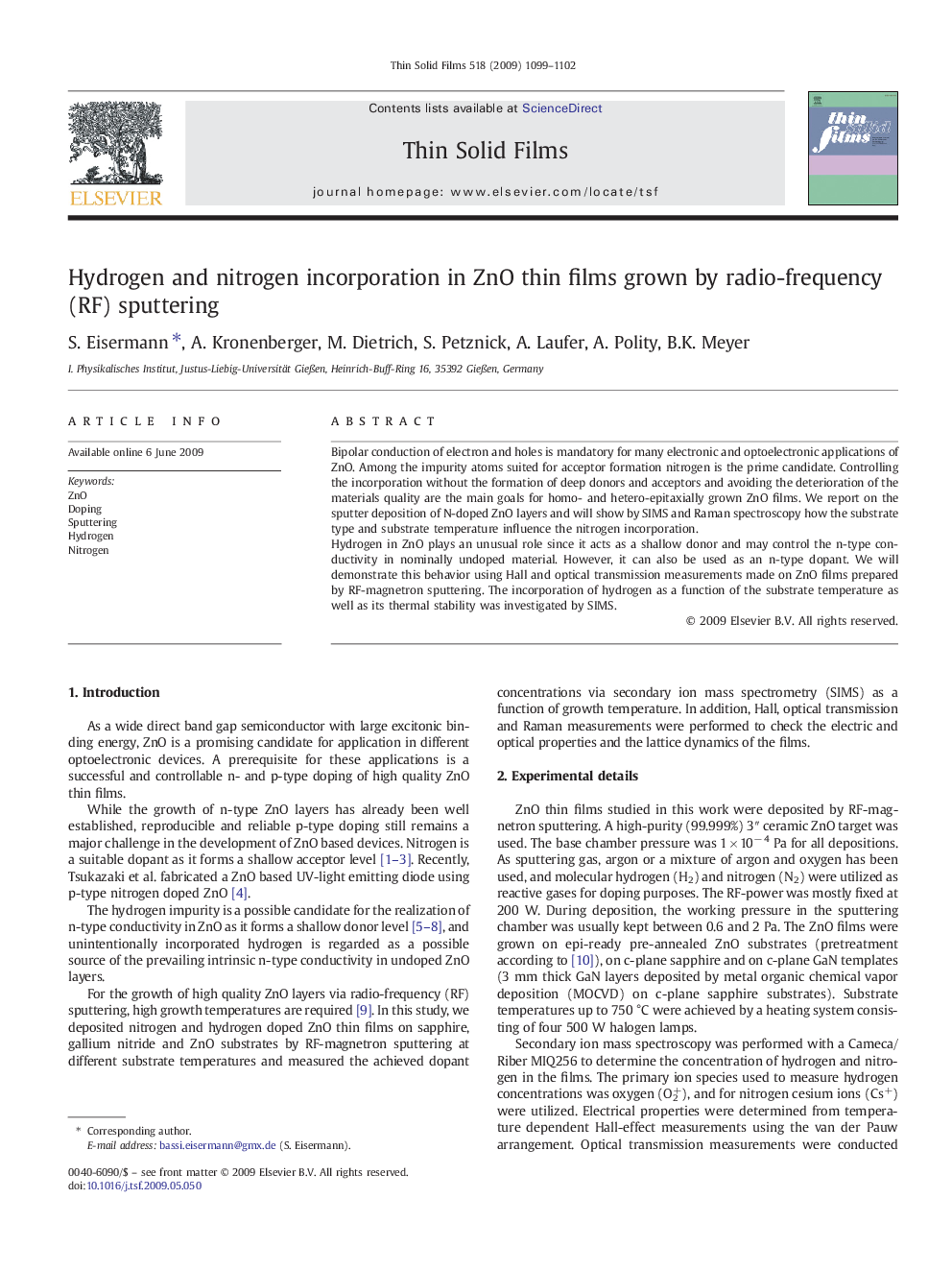 Hydrogen and nitrogen incorporation in ZnO thin films grown by radio-frequency (RF) sputtering