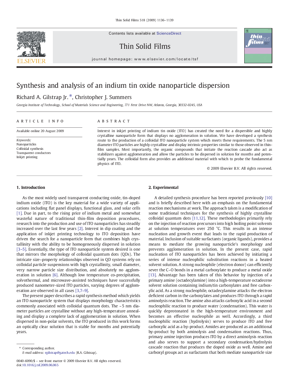 Synthesis and analysis of an indium tin oxide nanoparticle dispersion