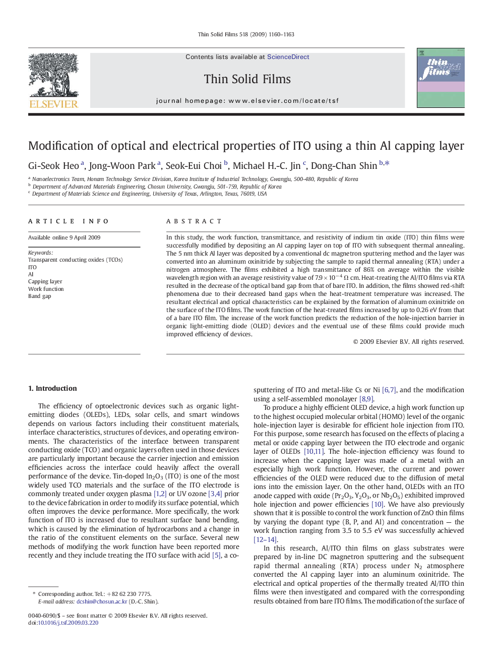 Modification of optical and electrical properties of ITO using a thin Al capping layer