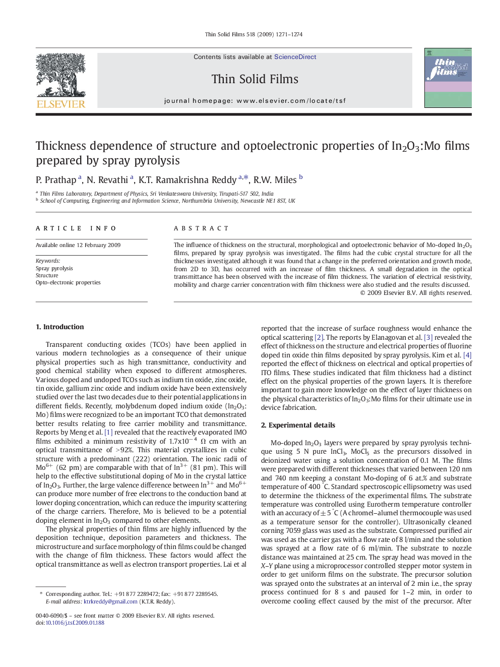 Thickness dependence of structure and optoelectronic properties of In2O3:Mo films prepared by spray pyrolysis