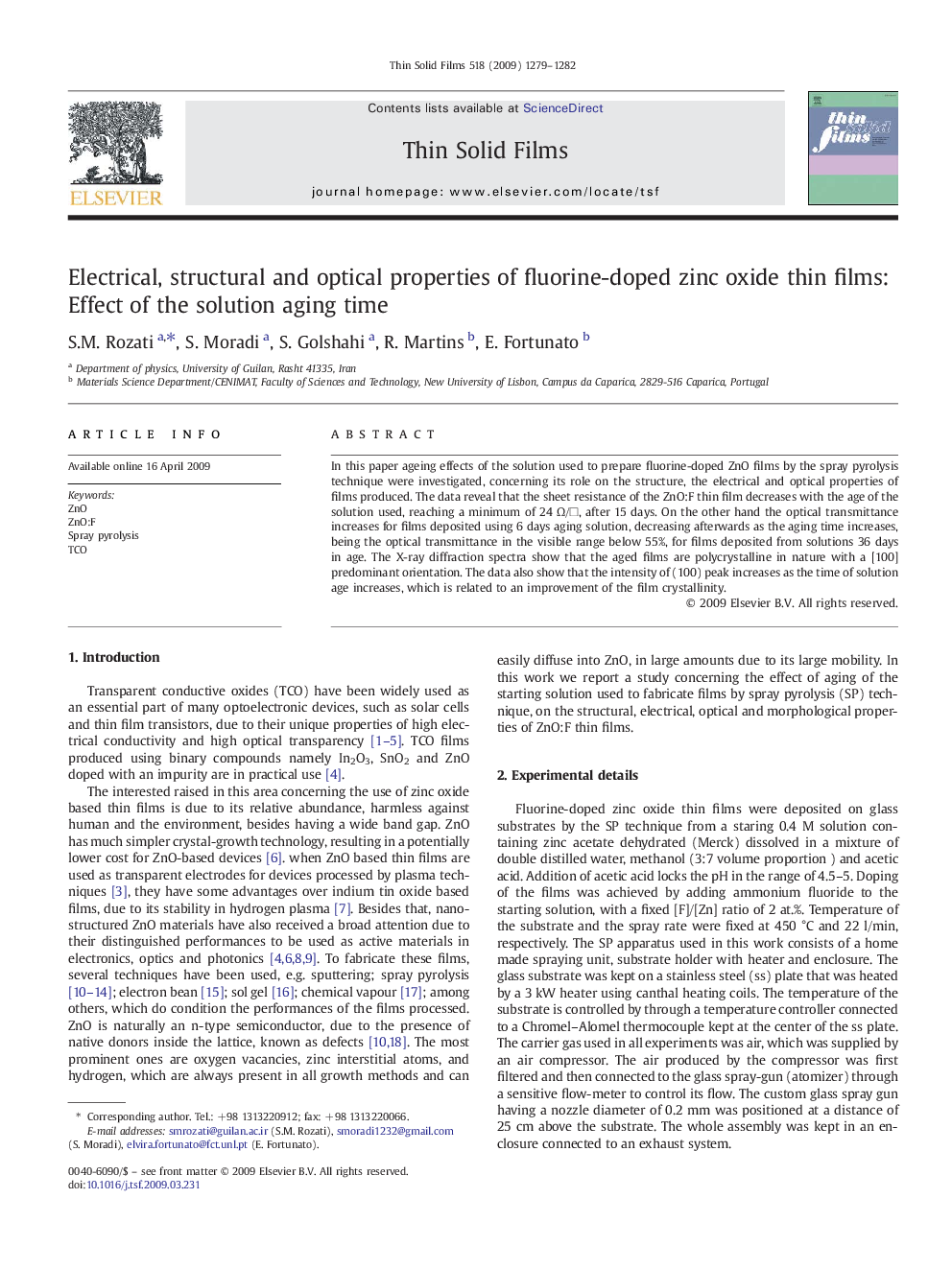 Electrical, structural and optical properties of fluorine-doped zinc oxide thin films: Effect of the solution aging time