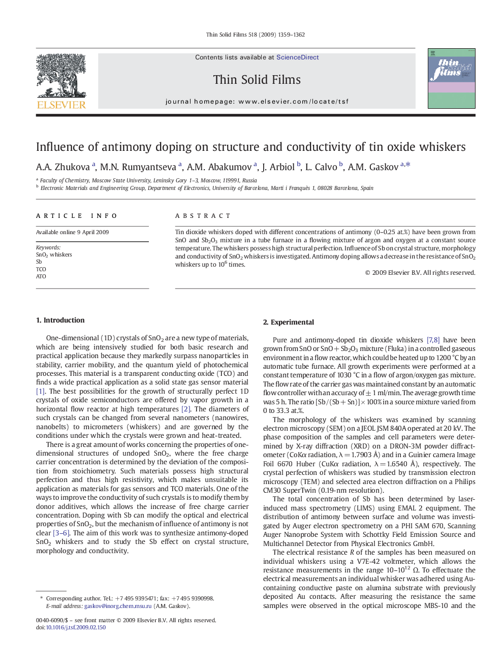 Influence of antimony doping on structure and conductivity of tin oxide whiskers
