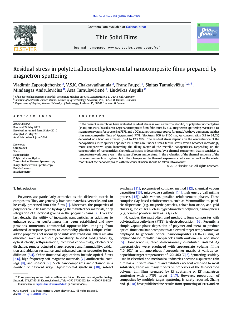 Residual stress in polytetrafluoroethylene-metal nanocomposite films prepared by magnetron sputtering