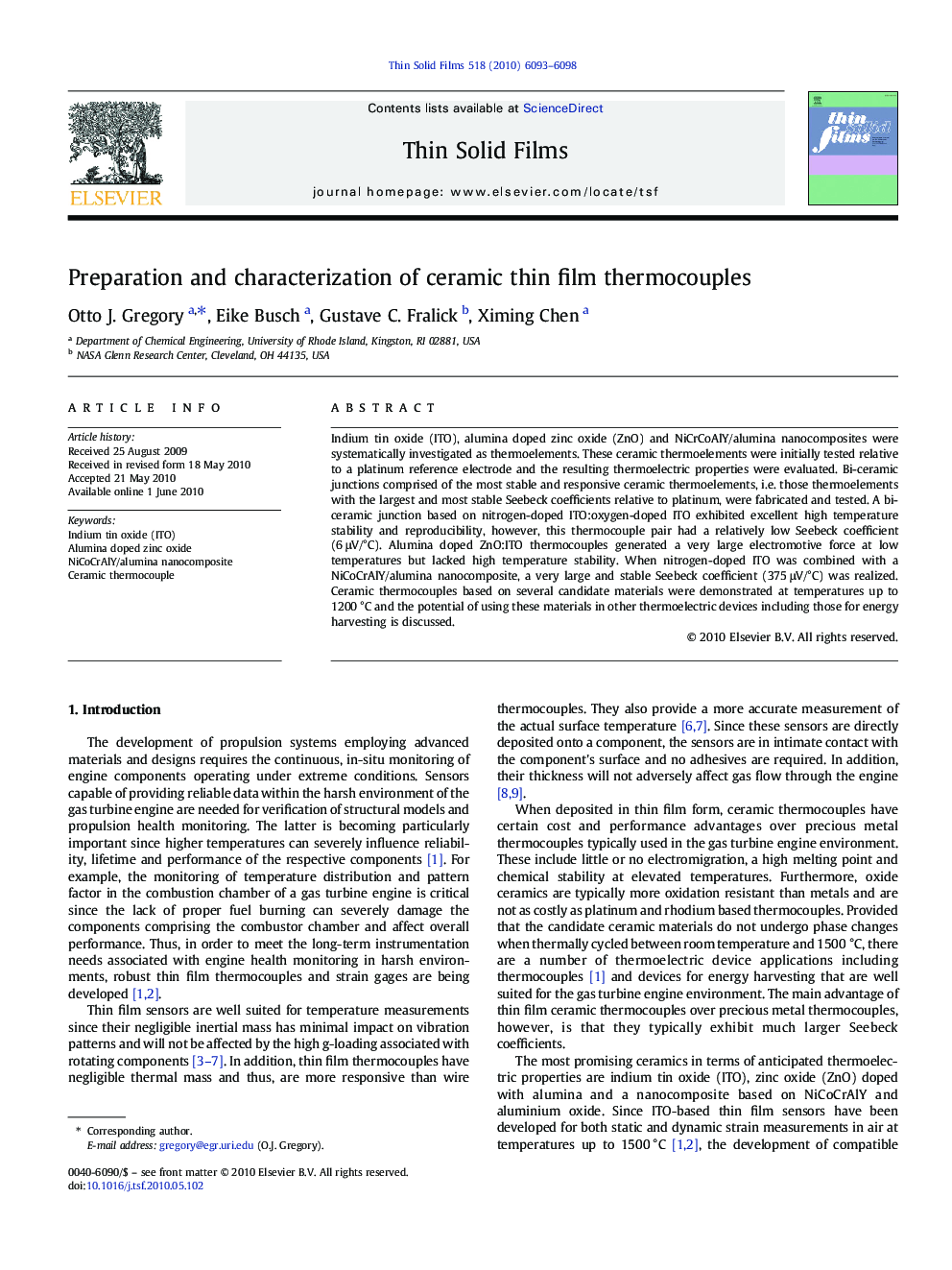 Preparation and characterization of ceramic thin film thermocouples