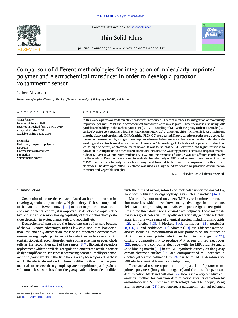 Comparison of different methodologies for integration of molecularly imprinted polymer and electrochemical transducer in order to develop a paraoxon voltammetric sensor