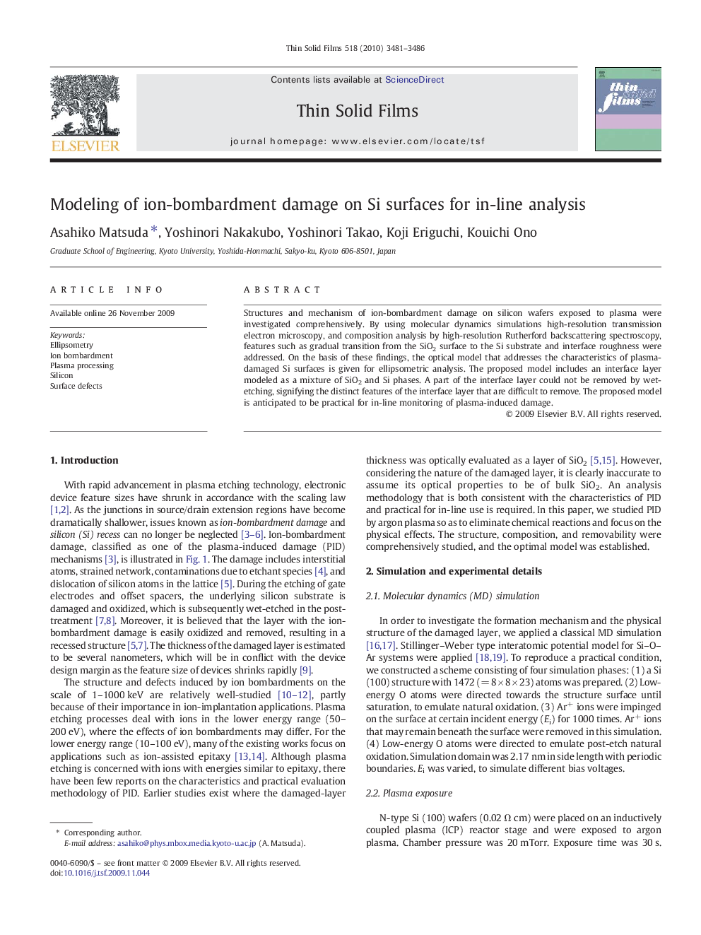 Modeling of ion-bombardment damage on Si surfaces for in-line analysis