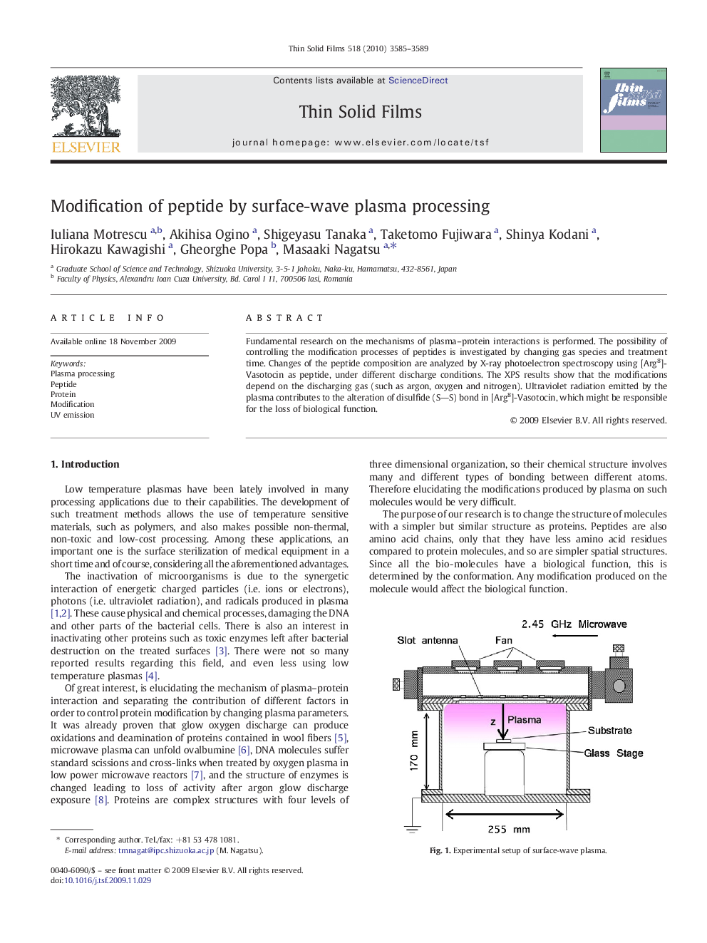 Modification of peptide by surface-wave plasma processing