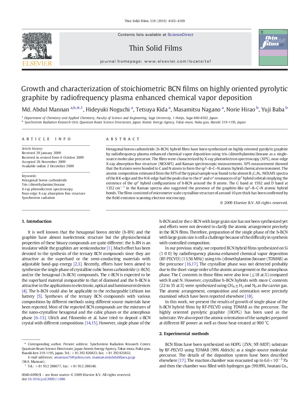 Growth and characterization of stoichiometric BCN films on highly oriented pyrolytic graphite by radiofrequency plasma enhanced chemical vapor deposition