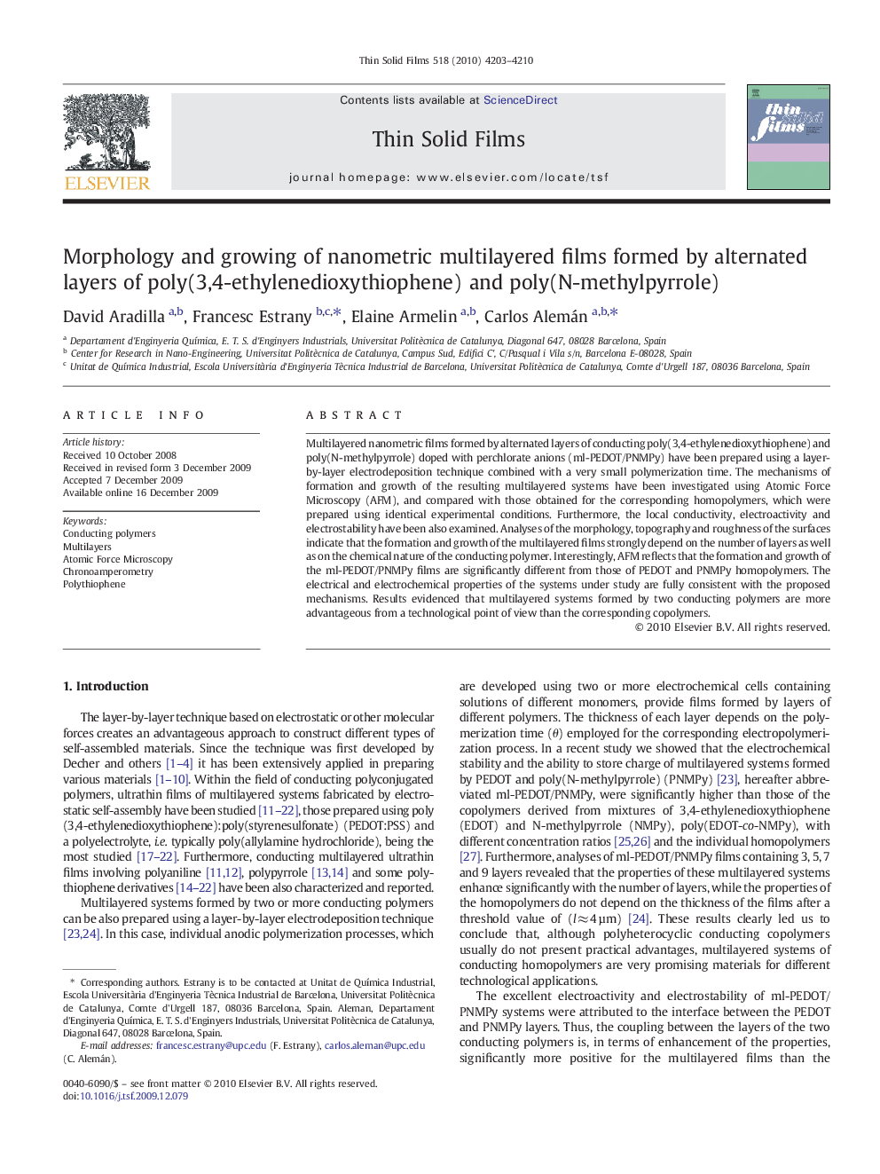 Morphology and growing of nanometric multilayered films formed by alternated layers of poly(3,4-ethylenedioxythiophene) and poly(N-methylpyrrole)