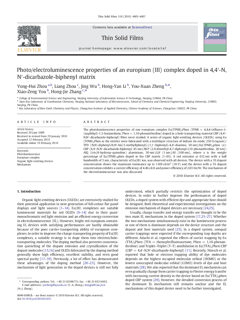 Photo/electroluminescence properties of an europium (III) complex doped in 4,4′-N,N′-dicarbazole-biphenyl matrix