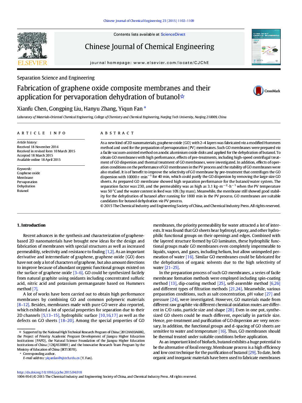 Fabrication of graphene oxide composite membranes and their application for pervaporation dehydration of butanol 