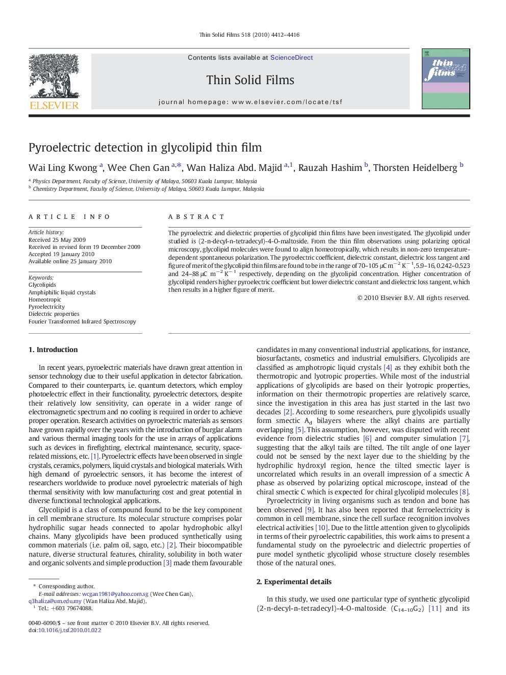 Pyroelectric detection in glycolipid thin film