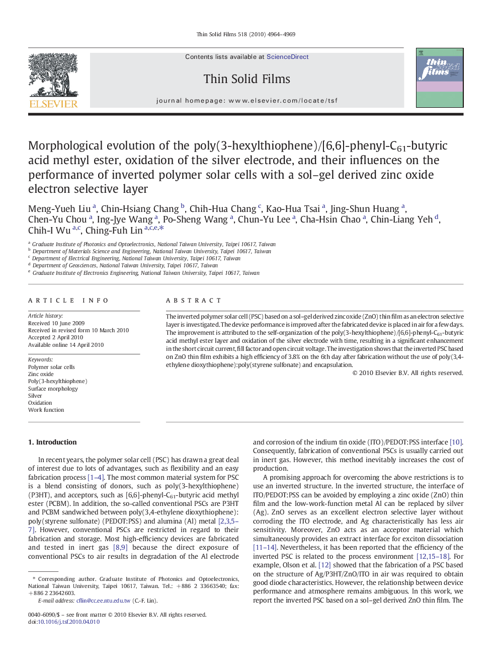 Morphological evolution of the poly(3-hexylthiophene)/[6,6]-phenyl-C61-butyric acid methyl ester, oxidation of the silver electrode, and their influences on the performance of inverted polymer solar cells with a sol–gel derived zinc oxide electron selecti