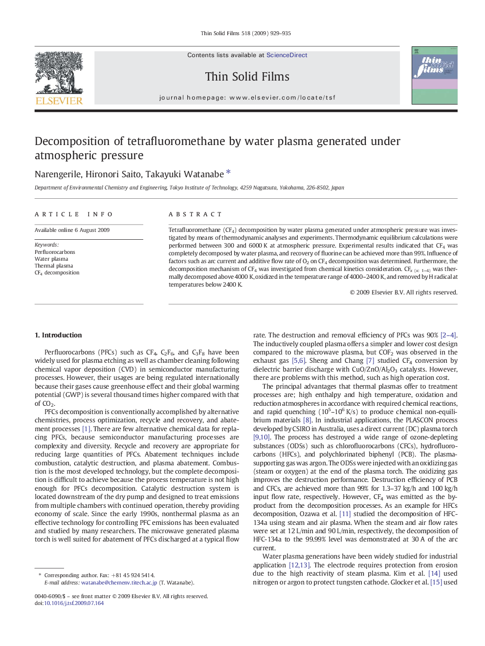 Decomposition of tetrafluoromethane by water plasma generated under atmospheric pressure