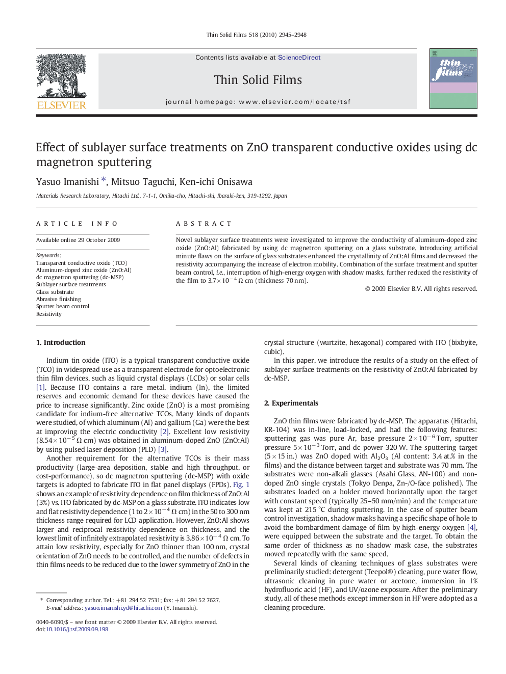 Effect of sublayer surface treatments on ZnO transparent conductive oxides using dc magnetron sputtering