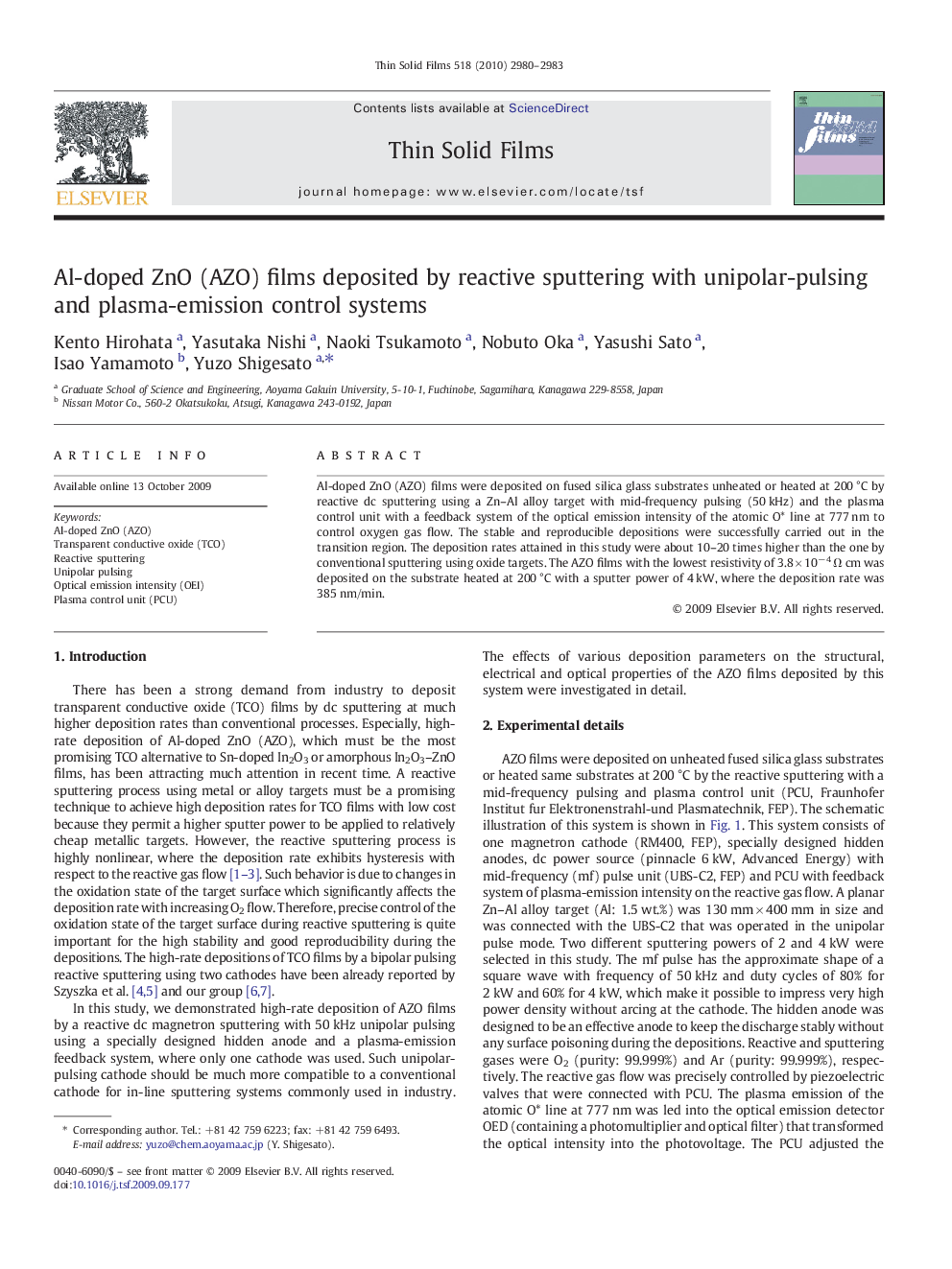 Al-doped ZnO (AZO) films deposited by reactive sputtering with unipolar-pulsing and plasma-emission control systems