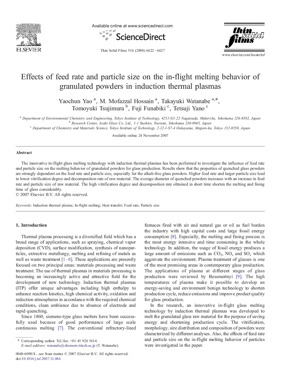 Effects of feed rate and particle size on the in-flight melting behavior of granulated powders in induction thermal plasmas