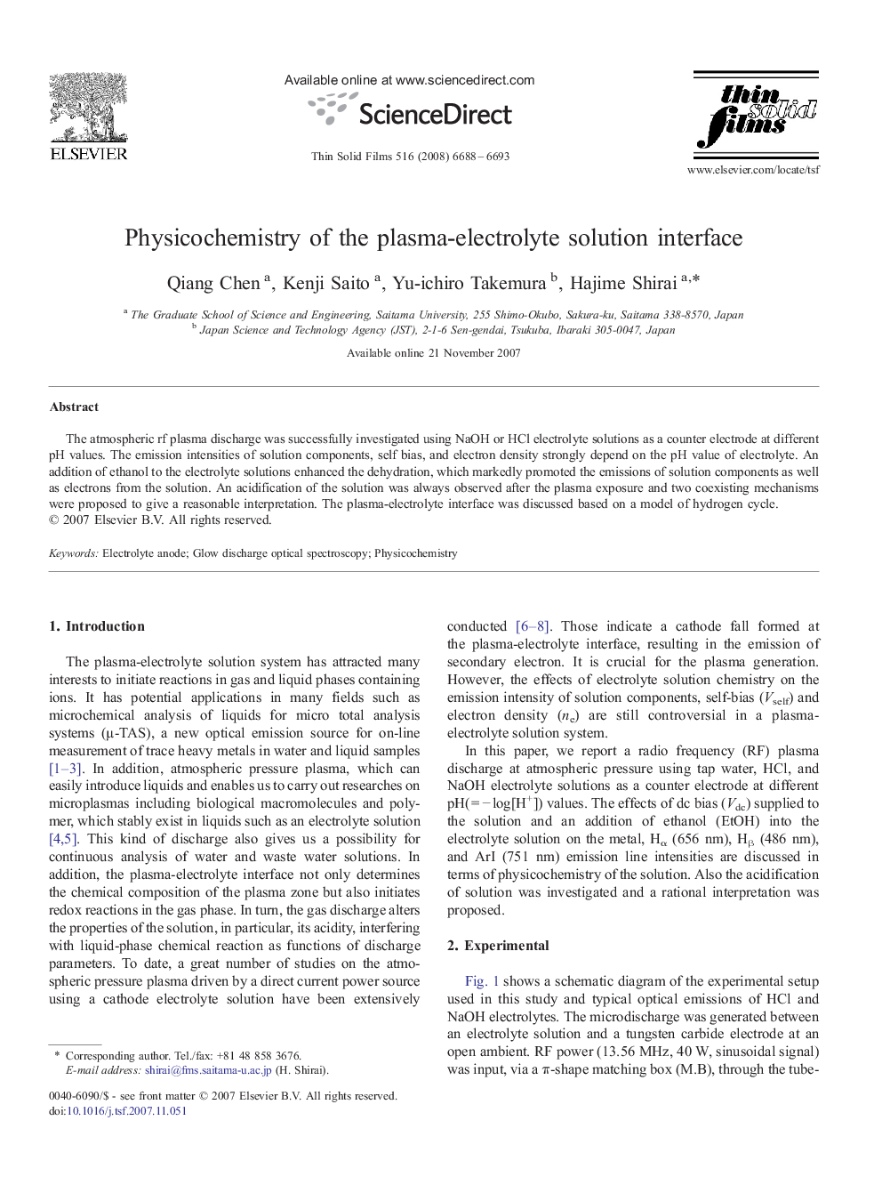 Physicochemistry of the plasma-electrolyte solution interface