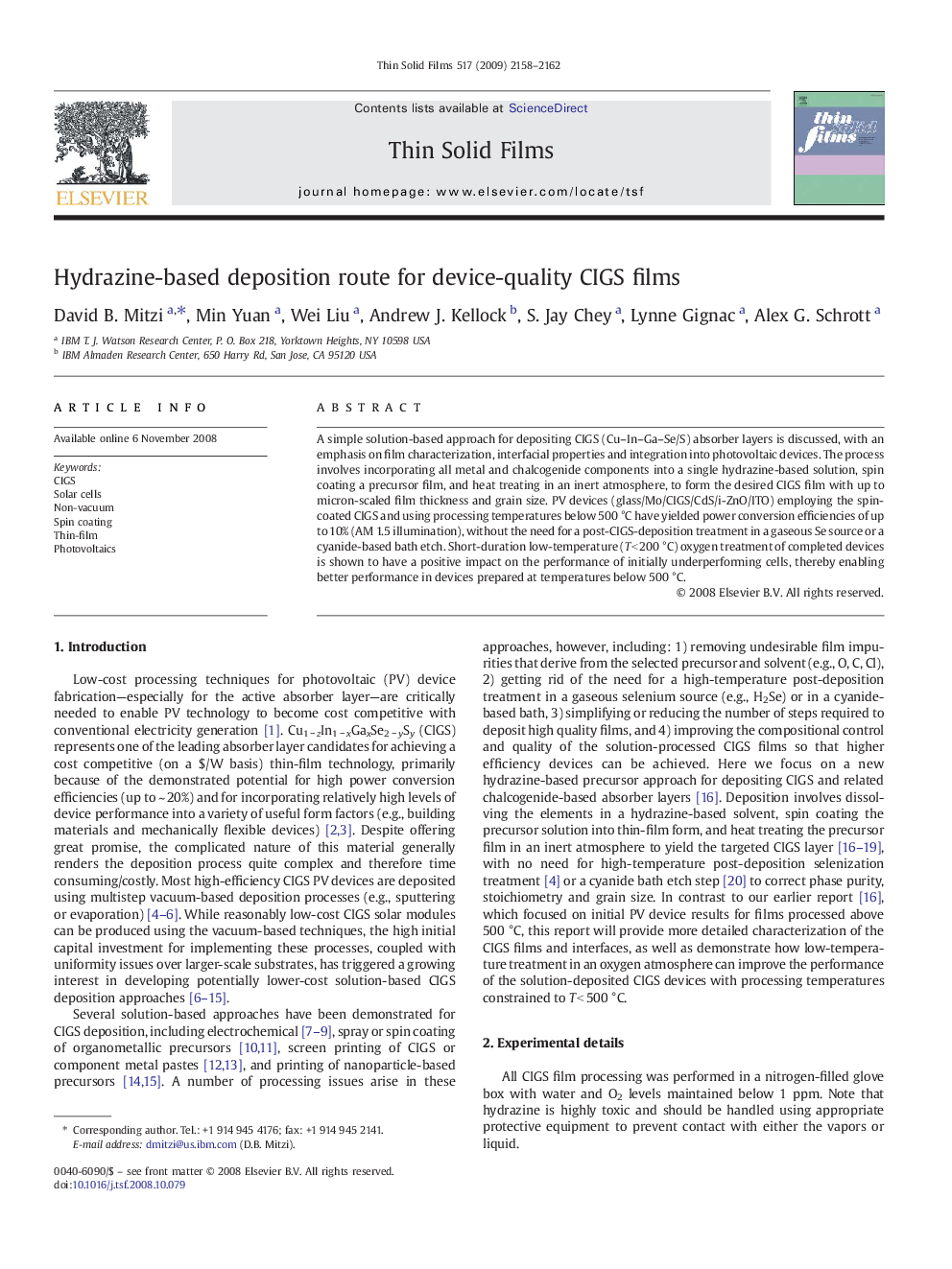 Hydrazine-based deposition route for device-quality CIGS films