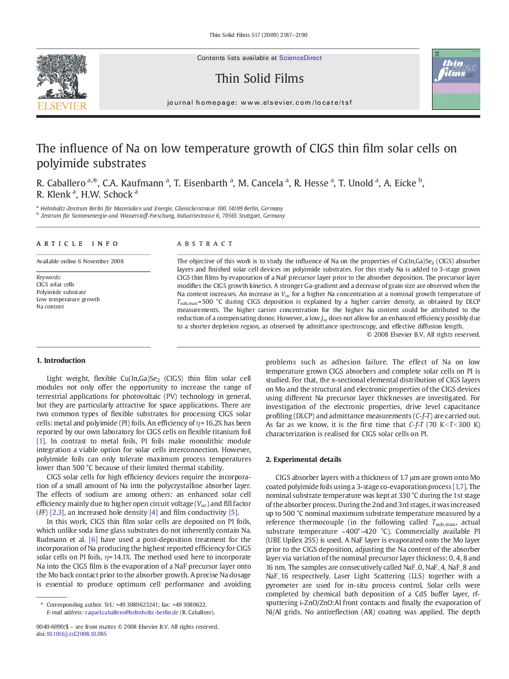 The influence of Na on low temperature growth of CIGS thin film solar cells on polyimide substrates