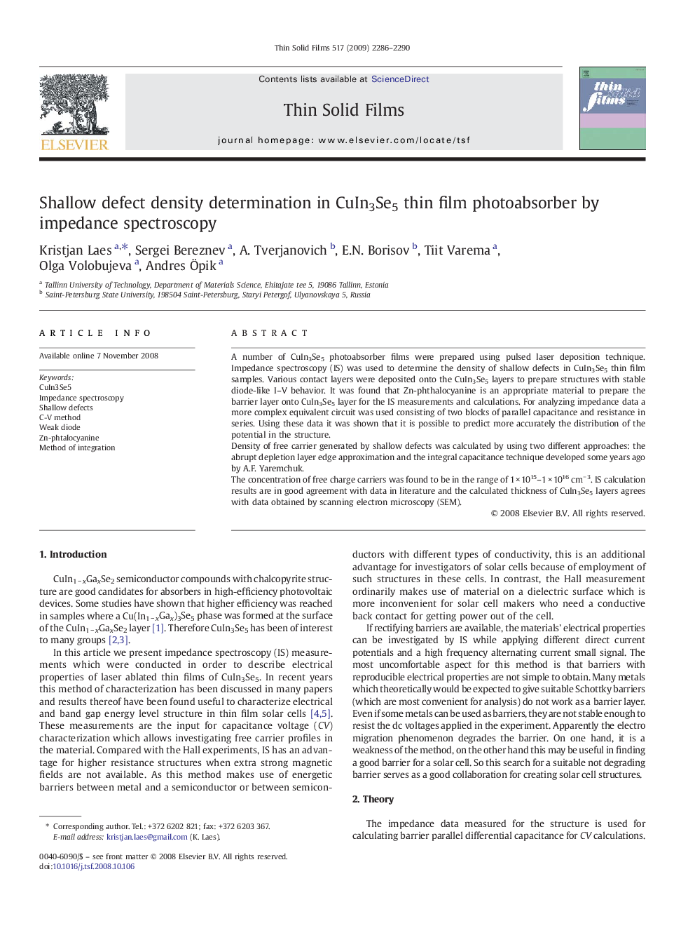 Shallow defect density determination in CuIn3Se5 thin film photoabsorber by impedance spectroscopy