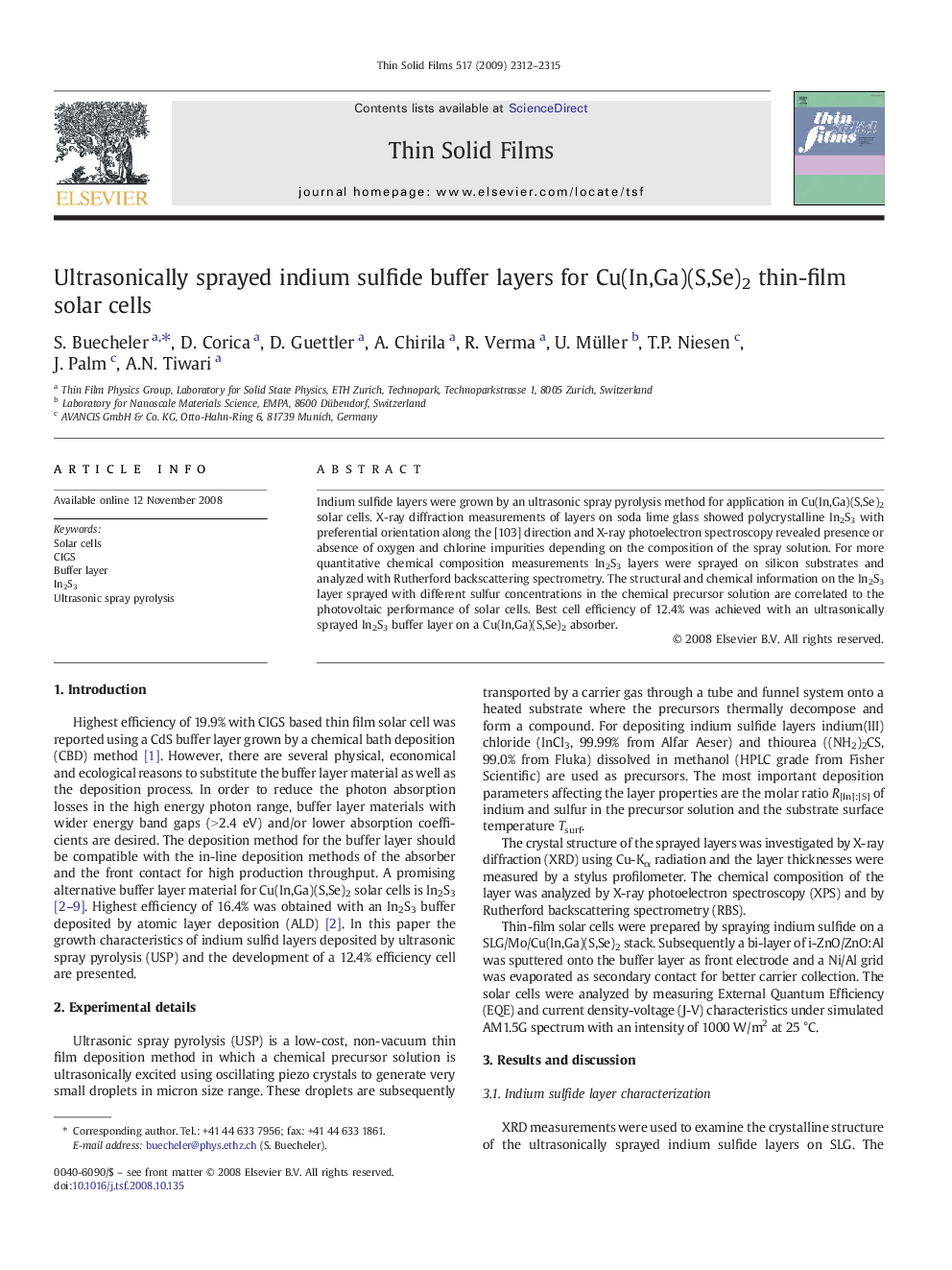 Ultrasonically sprayed indium sulfide buffer layers for Cu(In,Ga)(S,Se)2 thin-film solar cells