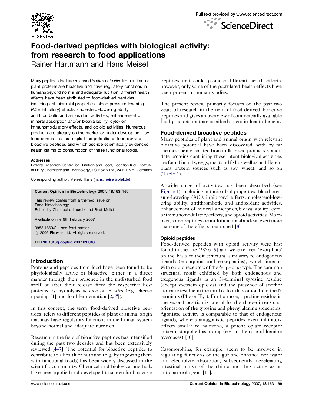 Food-derived peptides with biological activity: from research to food applications