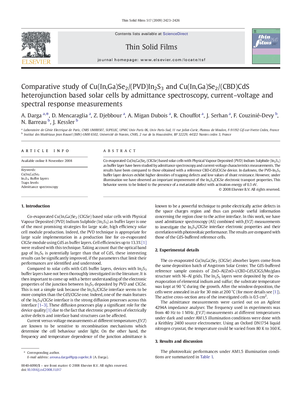 Comparative study of Cu(In,Ga)Se2/(PVD)In2S3 and Cu(In,Ga)Se2/(CBD)CdS heterojunction based solar cells by admittance spectroscopy, current–voltage and spectral response measurements